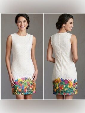 Desigual Ivory Romantic Lace Sleeveless Vibrant Botanical  Sheath Dress Size 6